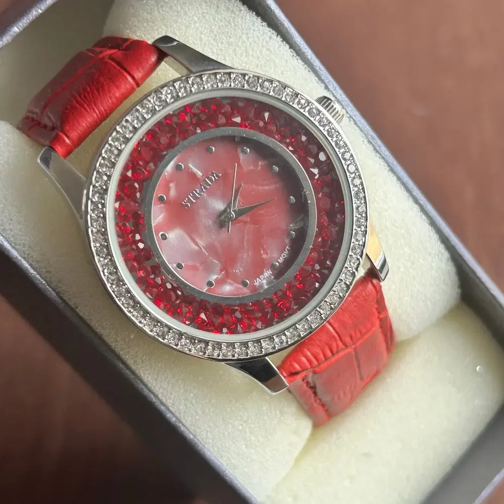 Strada Women’s Fashion Watch Red Crystals in a Box Working New Battery